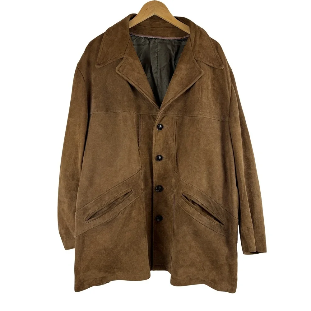 Vintage 70s Amalgamated Union Made Brown‎ Suede Leather Western Safari Jacket 50
